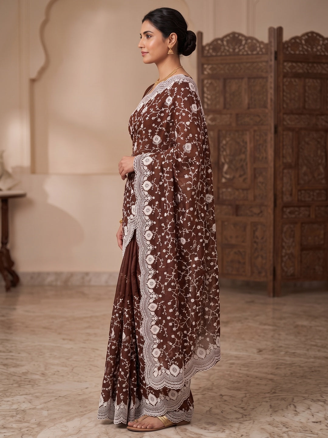 Peachmode Brown Floral Embroidered Mul Chanderi Saree - Image 5