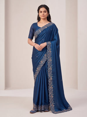 Peachmode Navy Blue Floral Embroidered Fandy Satin Saree - Image 1