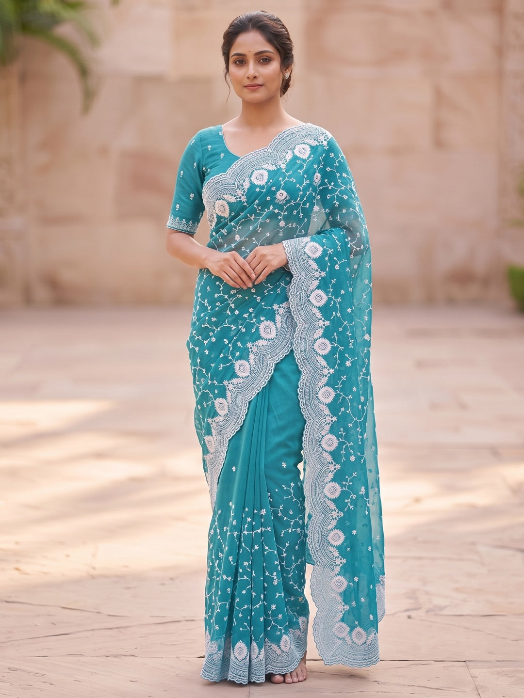 Peachmode Teal Floral Embroidered Mul Chanderi Saree - Image 1