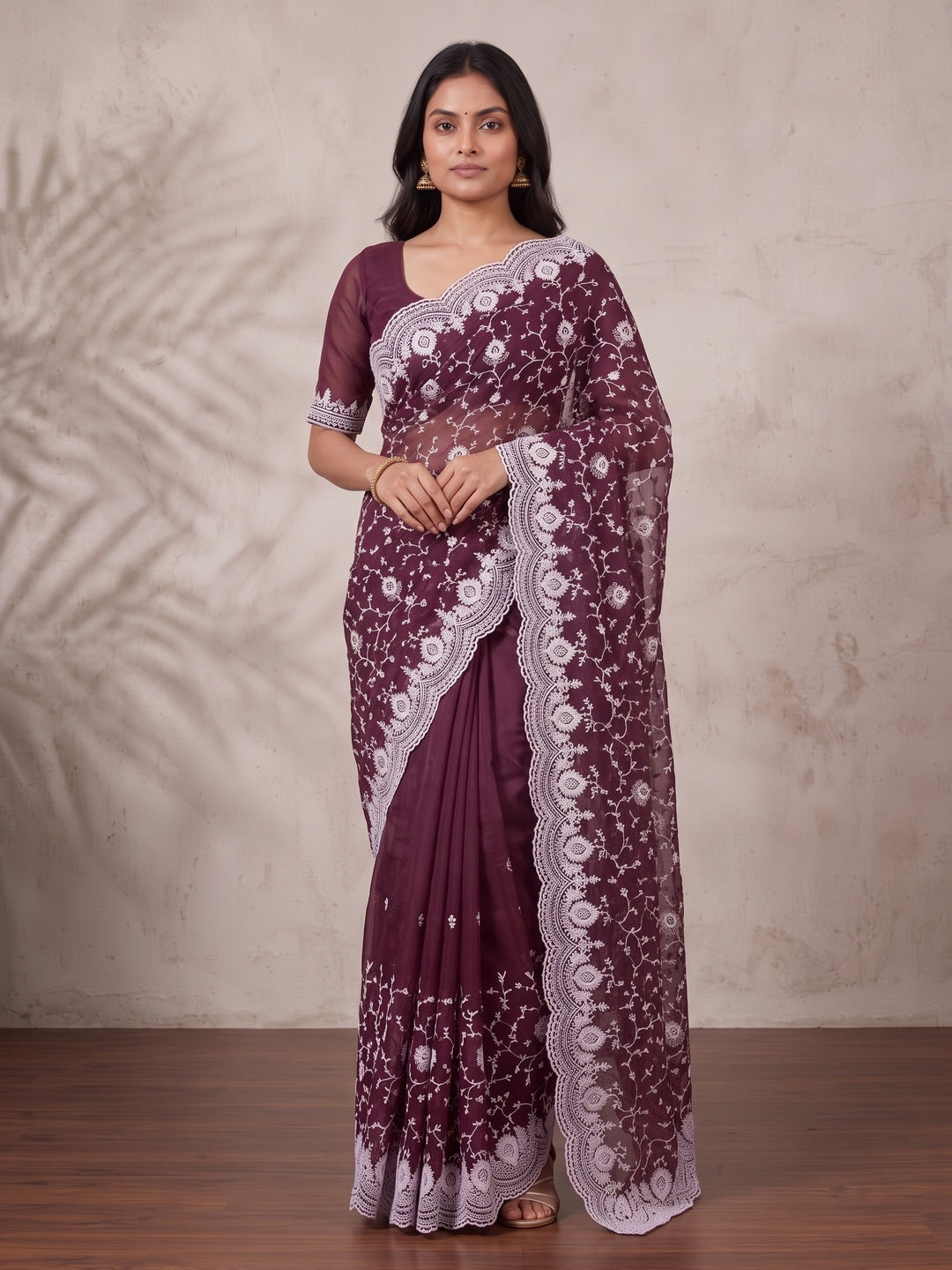 Peachmode Maroon Floral Embroidered Mul Chanderi Saree - Image 1