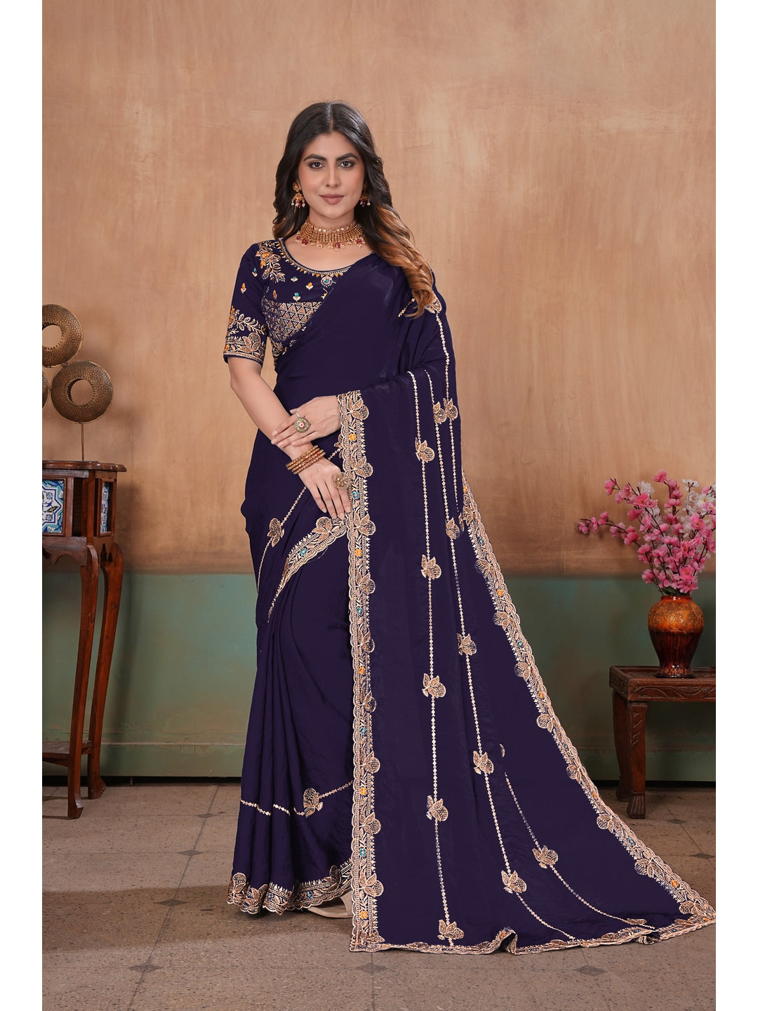Peachmode Purple Embroidered Fendy Satin Saree With Stitched Blouse - Image 1