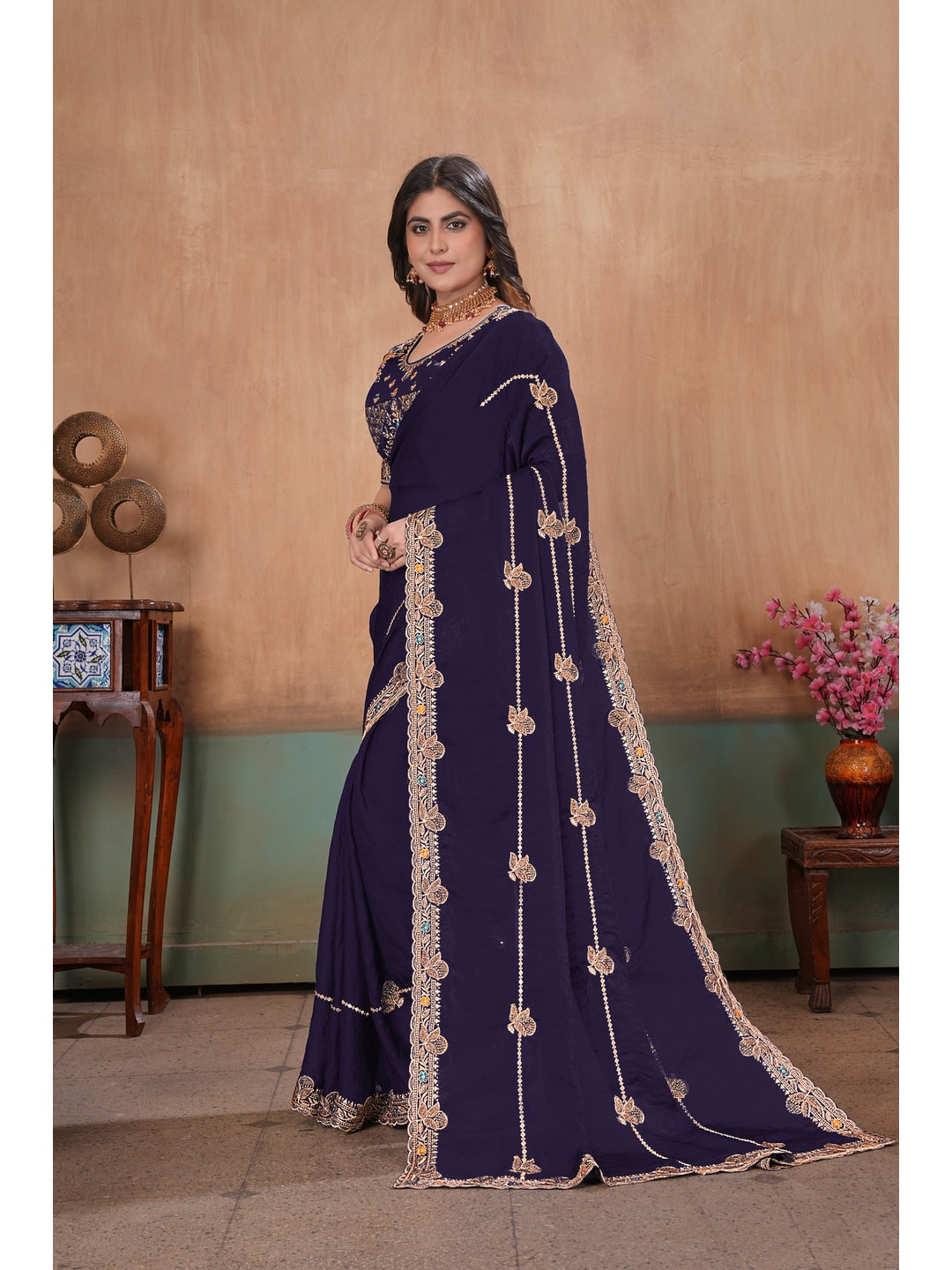 Peachmode Purple Embroidered Fendy Satin Saree With Stitched Blouse - Image 2