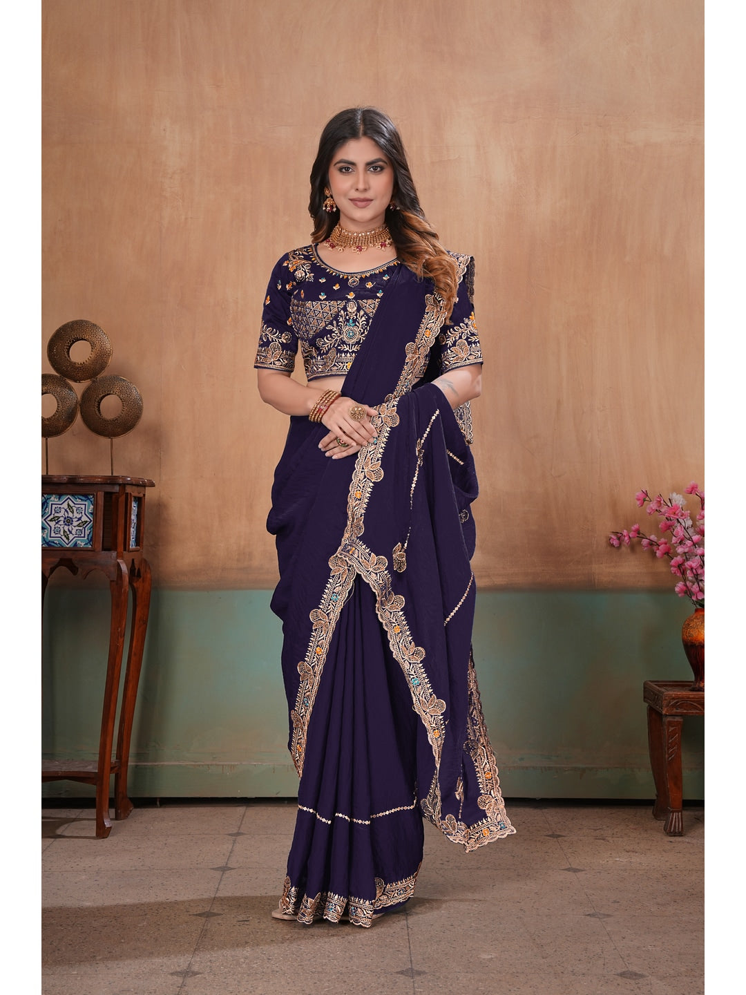 Peachmode Purple Embroidered Fendy Satin Saree With Stitched Blouse - Image 3