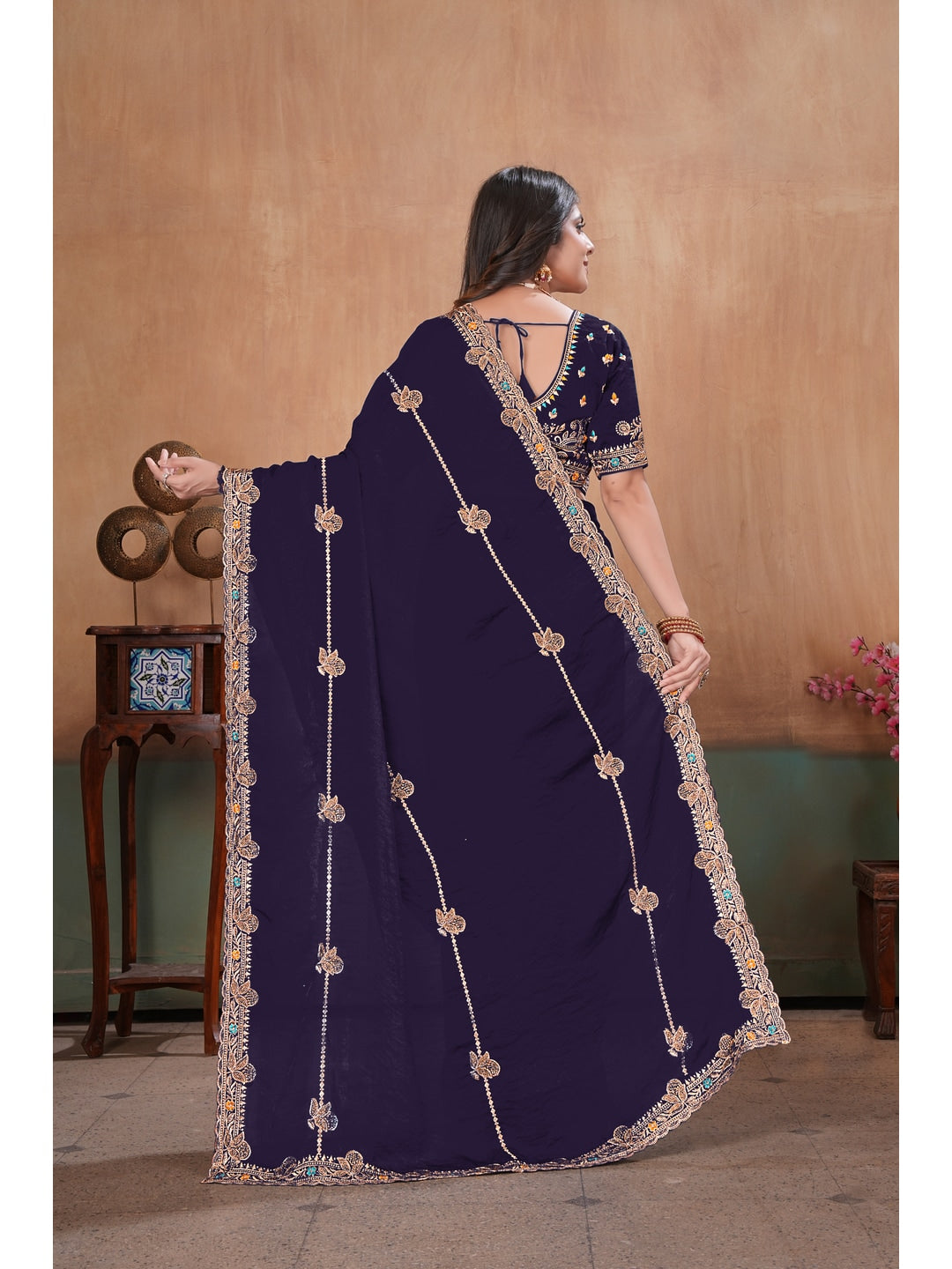 Peachmode Purple Embroidered Fendy Satin Saree With Stitched Blouse - Image 4
