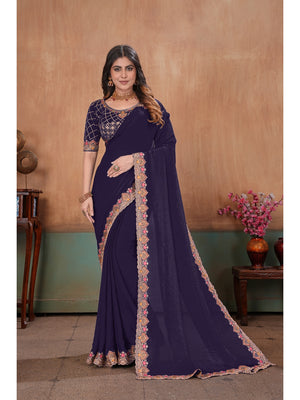 Peachmode Purple Embroidered Fendy Satin Saree With Stitched Blouse - Image 1
