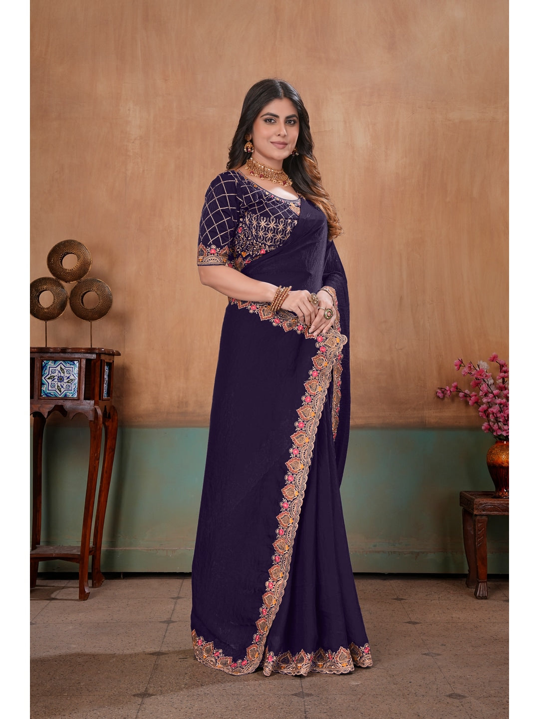 Peachmode Purple Embroidered Fendy Satin Saree With Stitched Blouse - Image 3