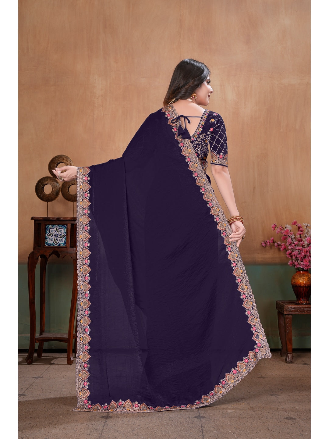 Peachmode Purple Embroidered Fendy Satin Saree With Stitched Blouse - Image 4