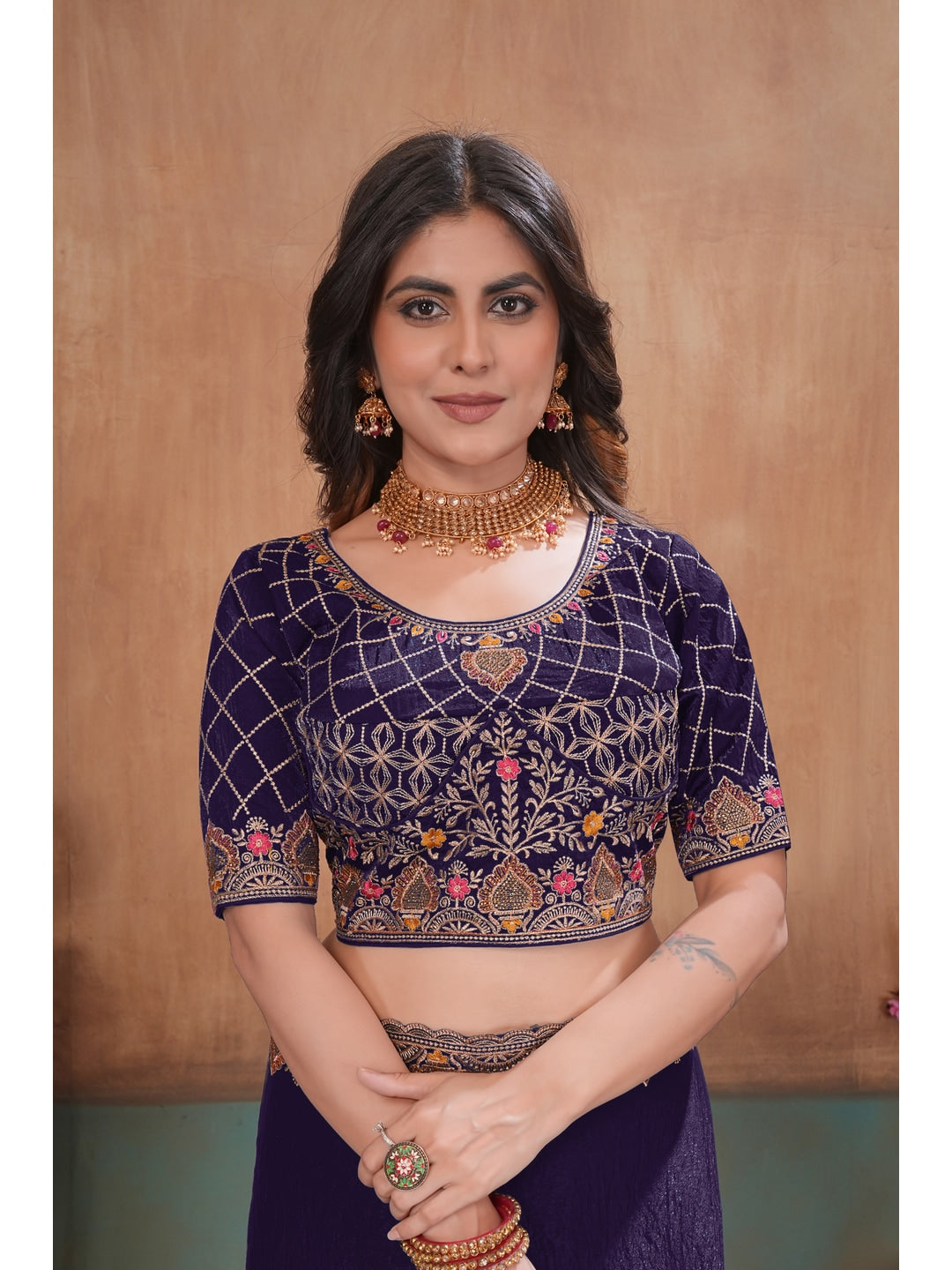 Peachmode Purple Embroidered Fendy Satin Saree With Stitched Blouse - Image 5