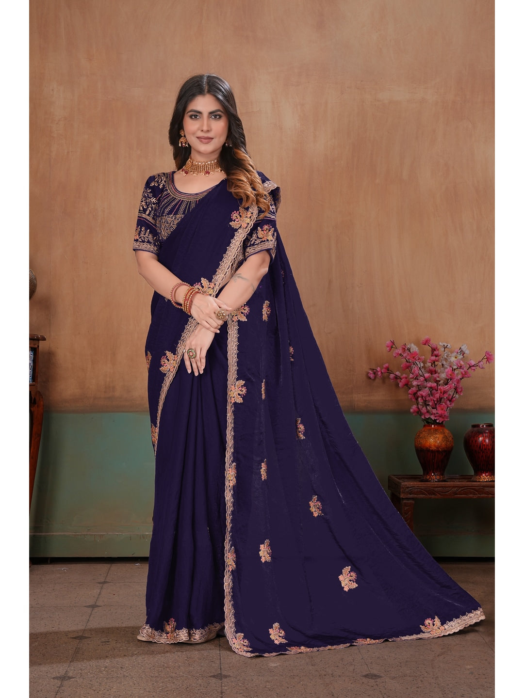 Peachmode Purple Embroidered Fendy Satin Saree With Stitched Blouse - Image 3