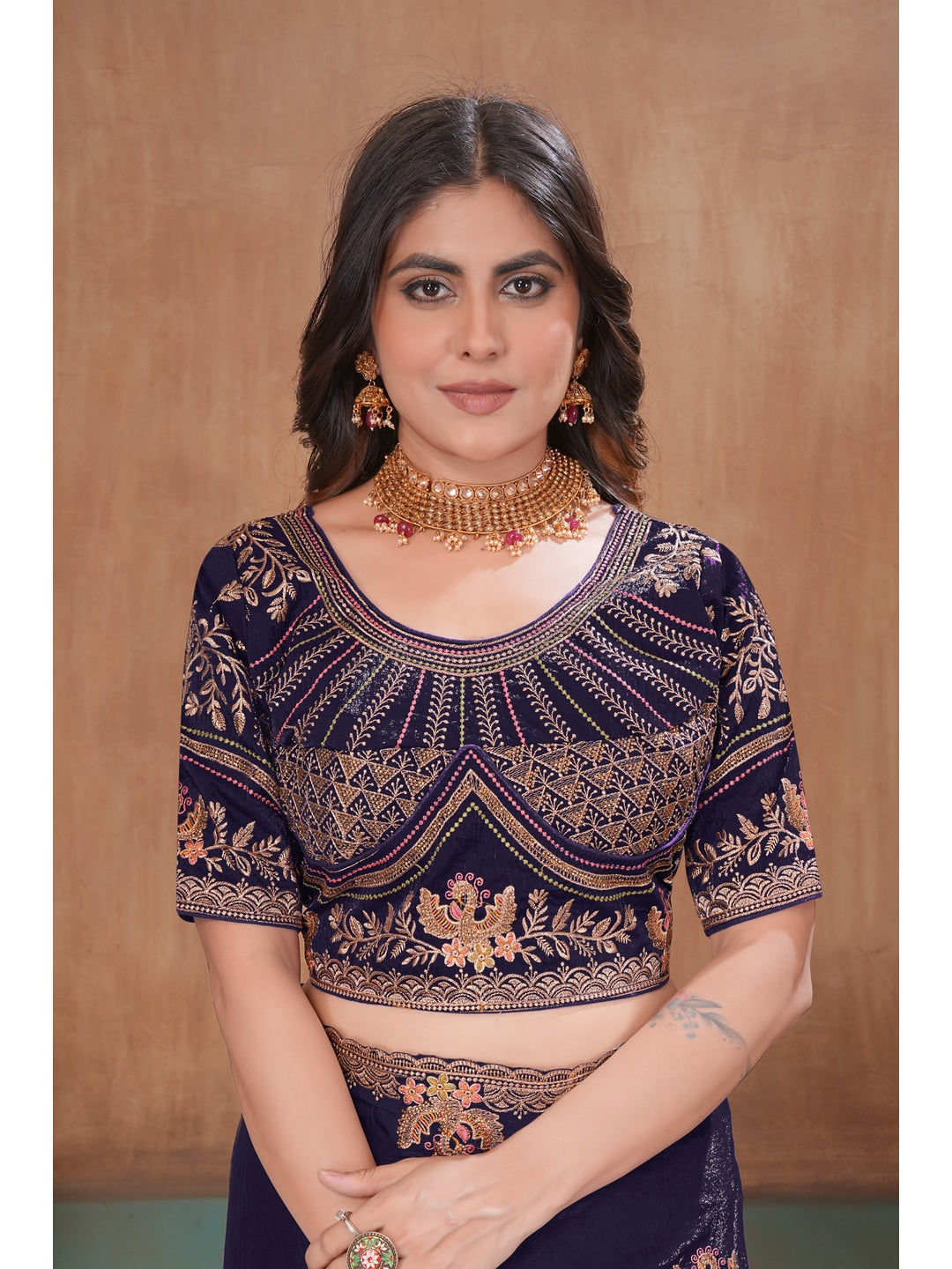 Peachmode Purple Embroidered Fendy Satin Saree With Stitched Blouse - Image 5