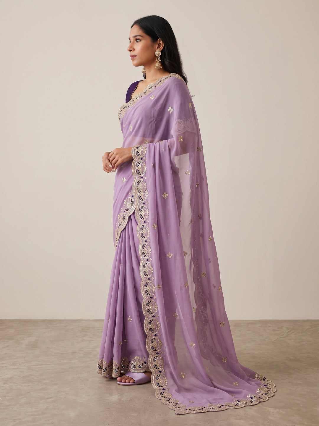 Peachmode Lavender Sequins Zari Embroidered Georgette Saree - Image 4