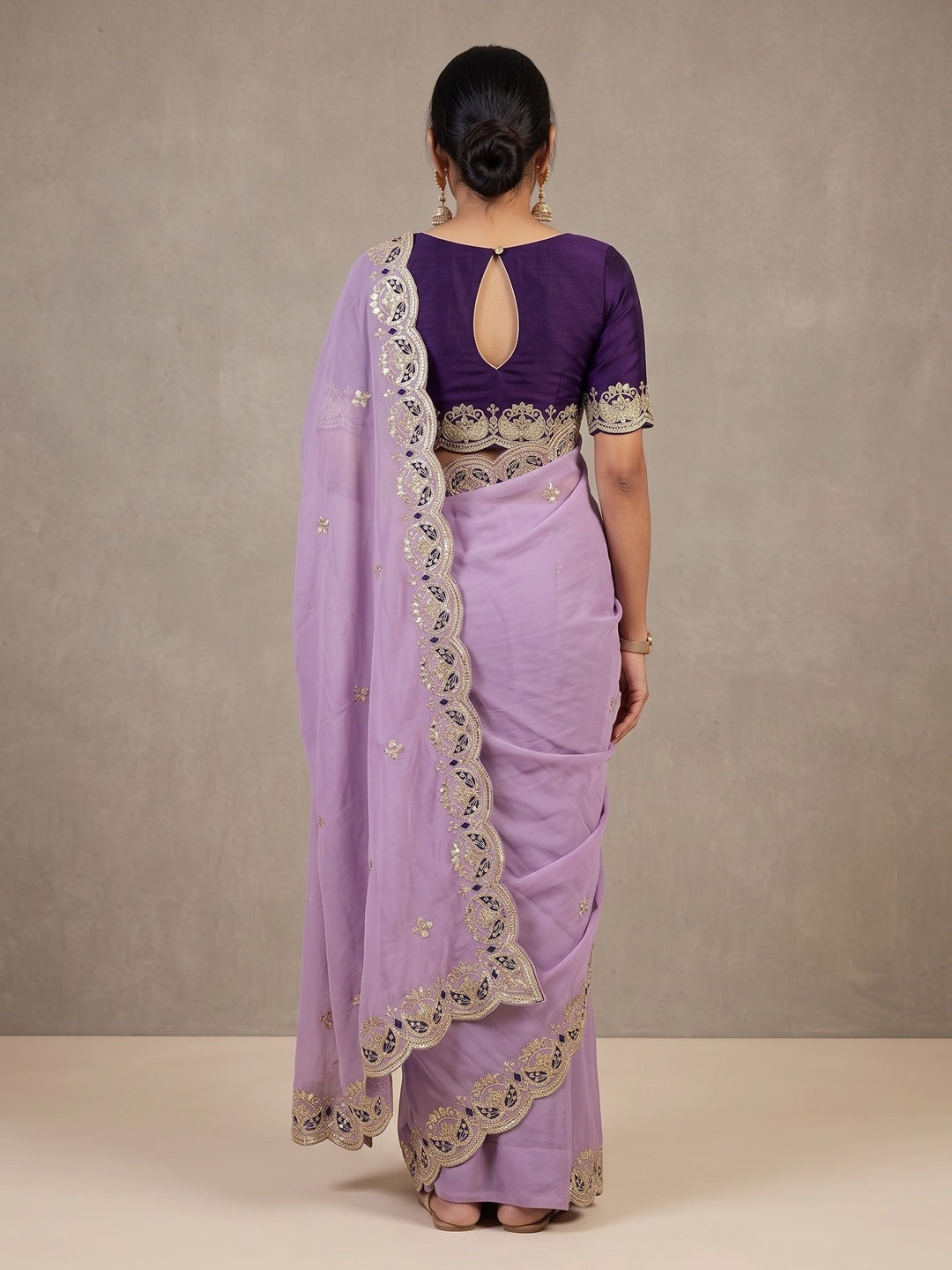 Peachmode Lavender Sequins Zari Embroidered Georgette Saree - Image 5