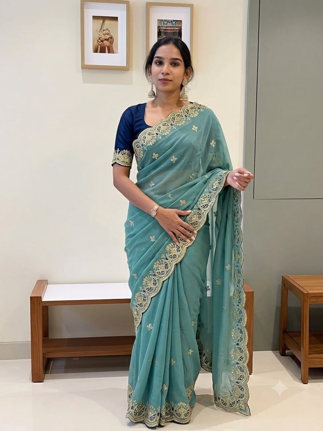 Peachmode Teal Blue Sequins Zari Embroidered Georgette Saree - Image 1