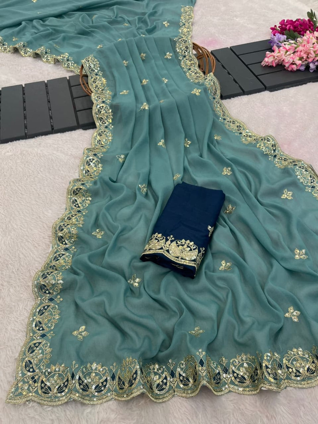 Peachmode Teal Blue Sequins Zari Embroidered Georgette Saree - Image 2