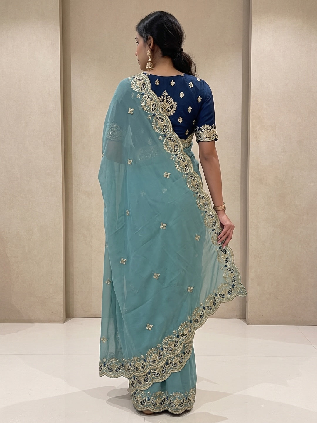 Peachmode Teal Blue Sequins Zari Embroidered Georgette Saree - Image 5