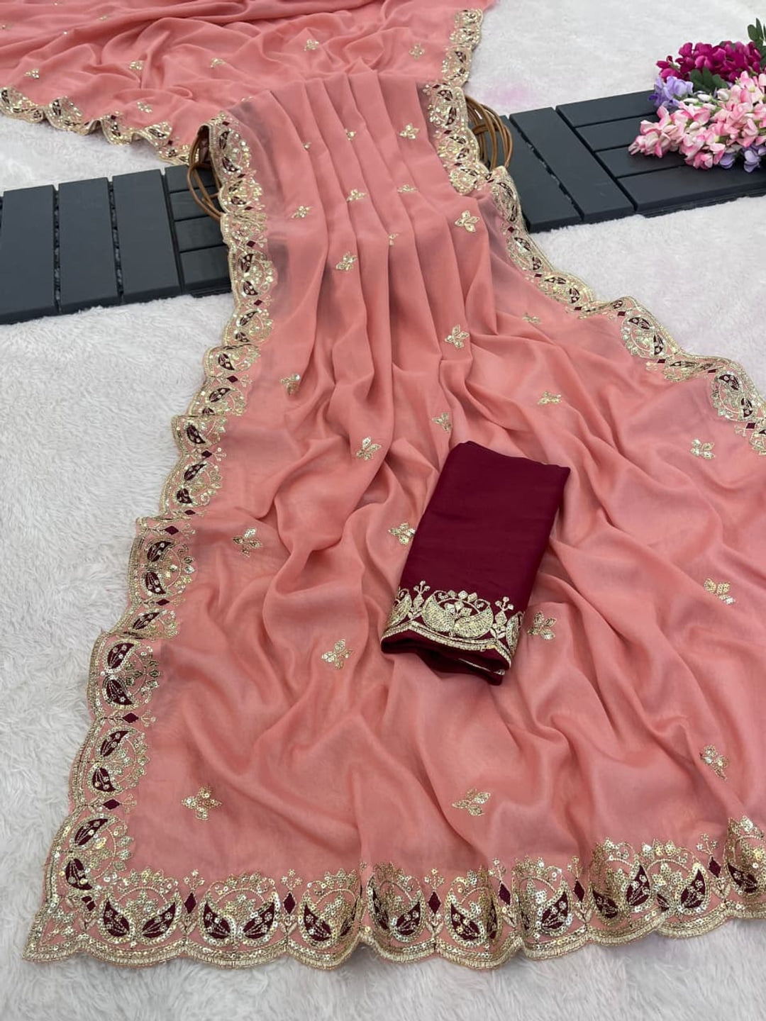 Peachmode Peach Sequins Zari Embroidered Georgette Saree - Image 2