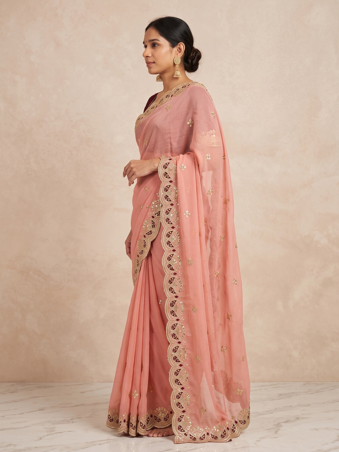 Peachmode Peach Sequins Zari Embroidered Georgette Saree - Image 4