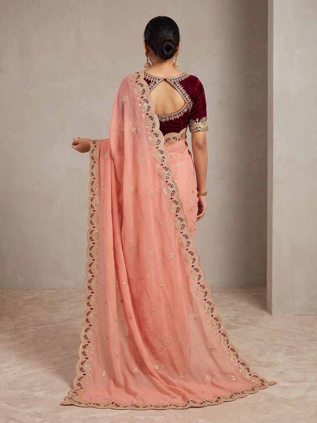 Peachmode Peach Sequins Zari Embroidered Georgette Saree - Image 5