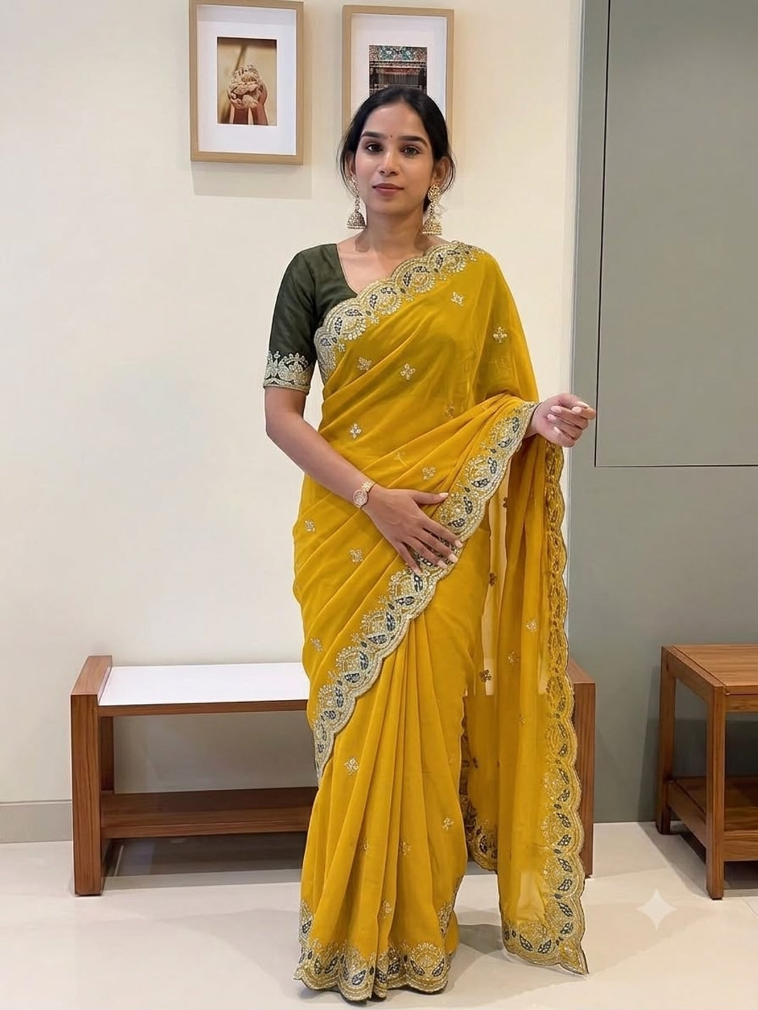Peachmode Mustard Yellow Sequins Zari Embroidered Georgette Saree - Image 1