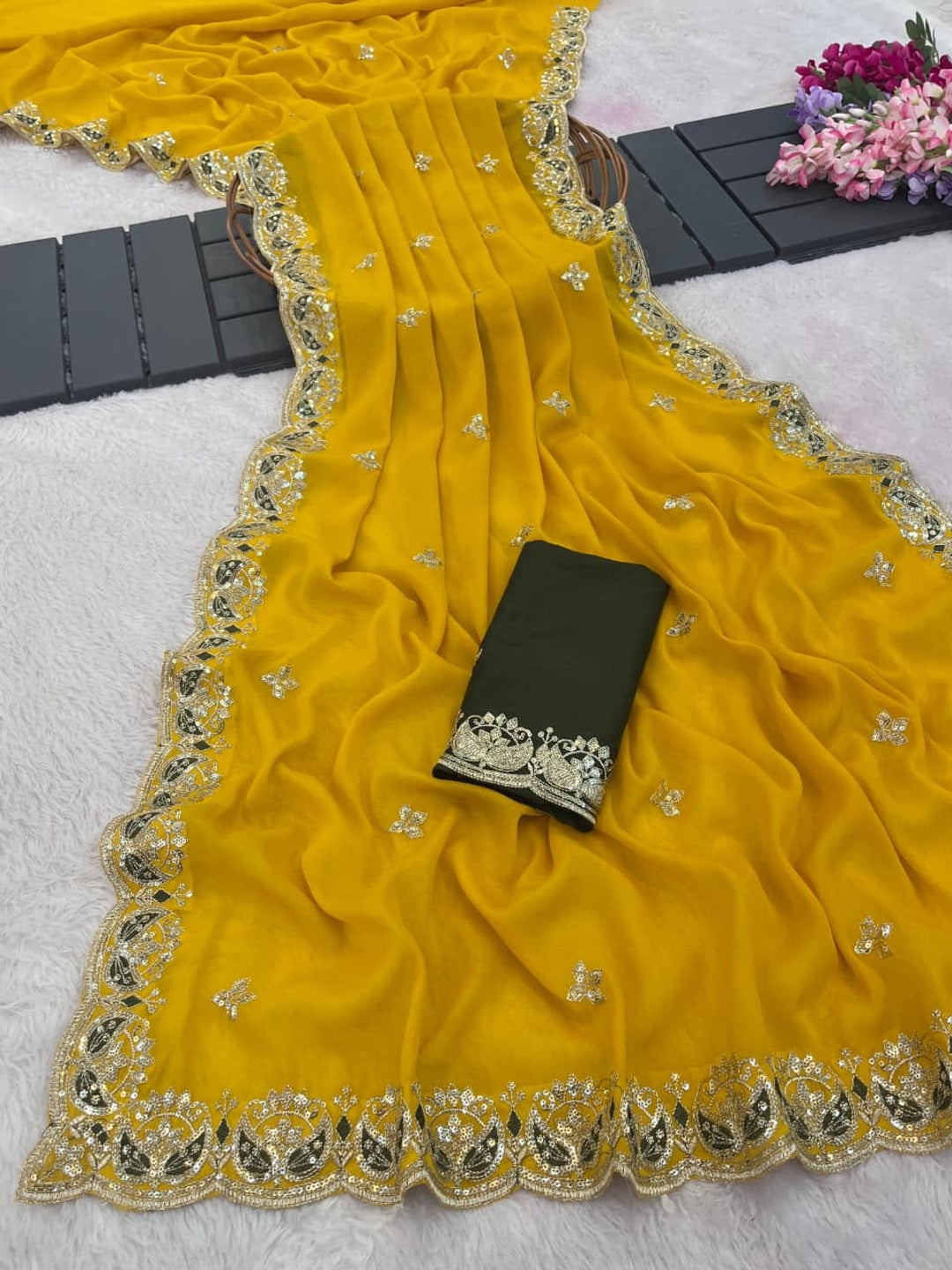 Peachmode Mustard Yellow Sequins Zari Embroidered Georgette Saree - Image 2