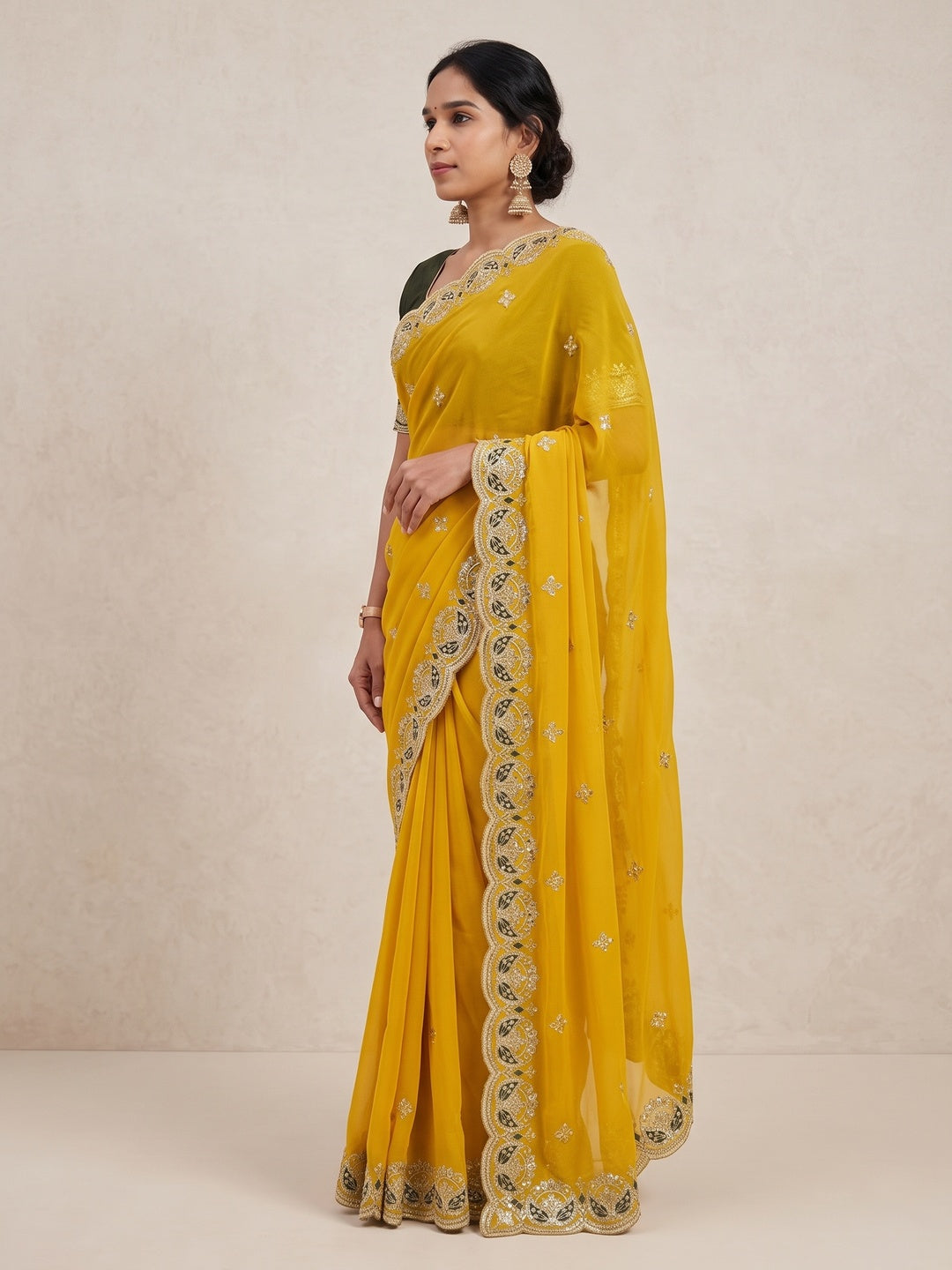 Peachmode Mustard Yellow Sequins Zari Embroidered Georgette Saree - Image 3