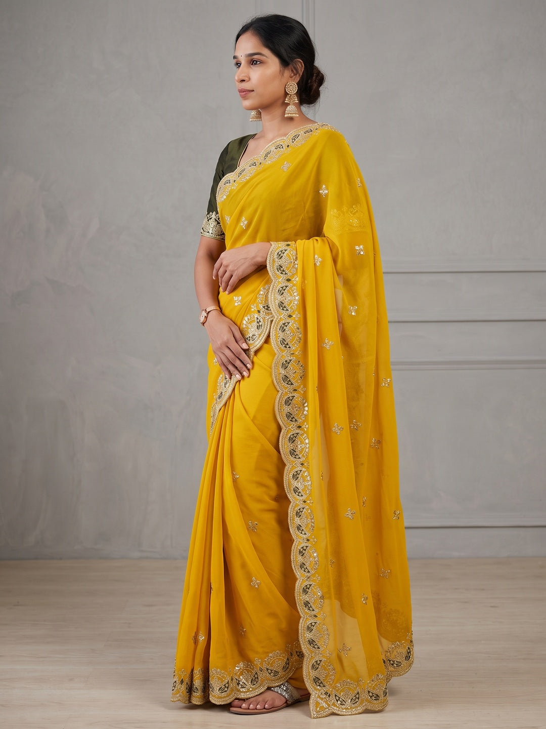Peachmode Mustard Yellow Sequins Zari Embroidered Georgette Saree - Image 4