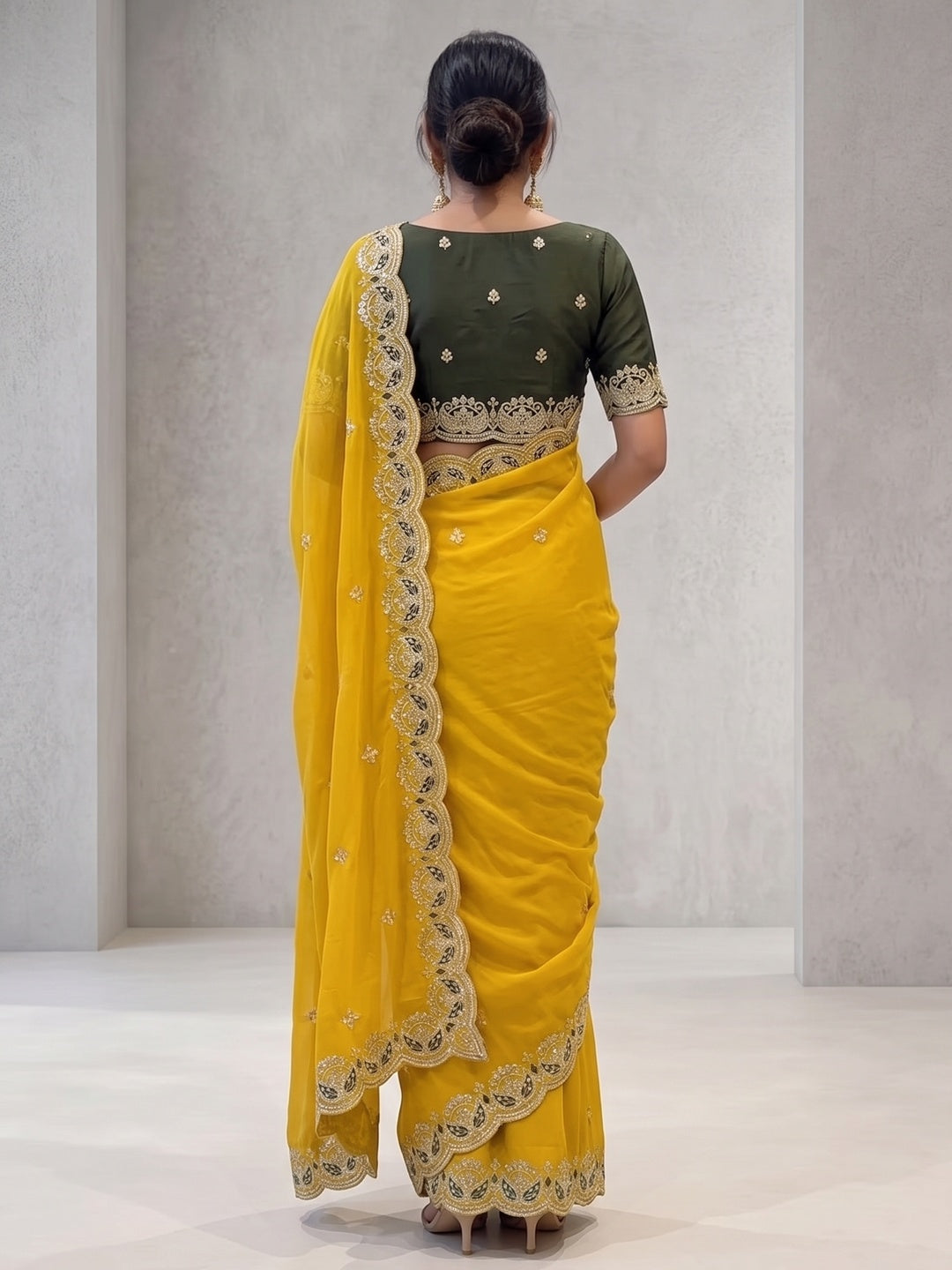 Peachmode Mustard Yellow Sequins Zari Embroidered Georgette Saree - Image 5