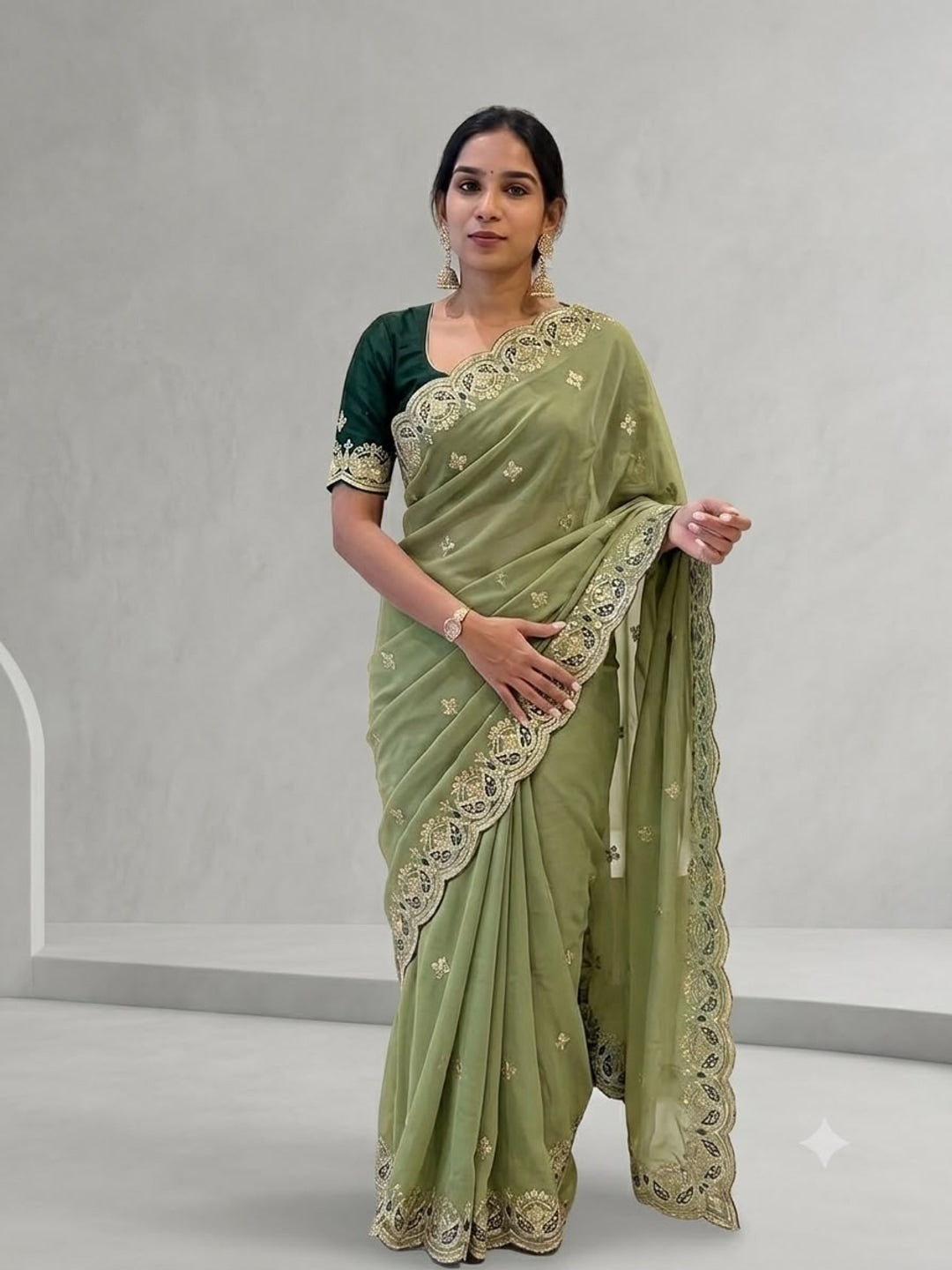 Peachmode Sage Green Sequins Zari Embroidered Georgette Saree - Image 1