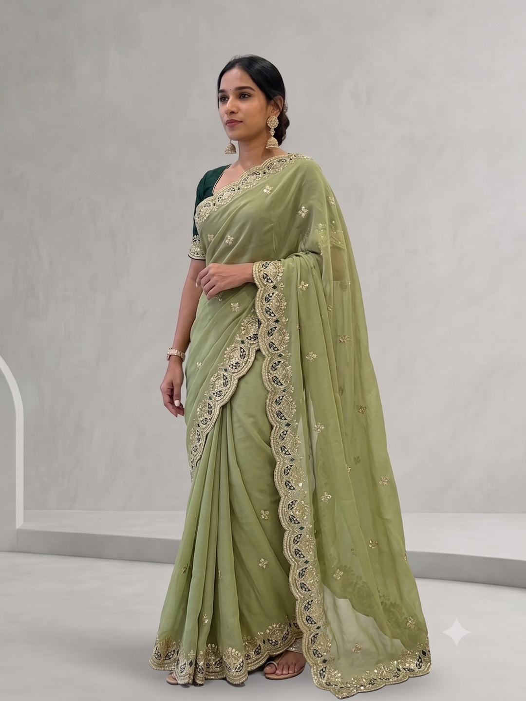 Peachmode Sage Green Sequins Zari Embroidered Georgette Saree - Image 3