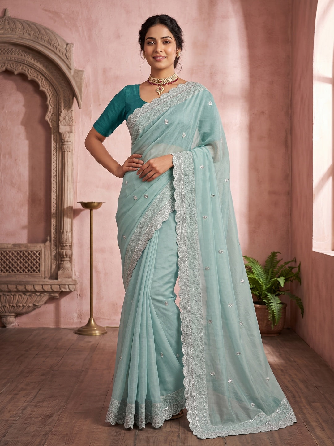 Sea Green Sequins Embroidered Chiffon Saree - Image 4