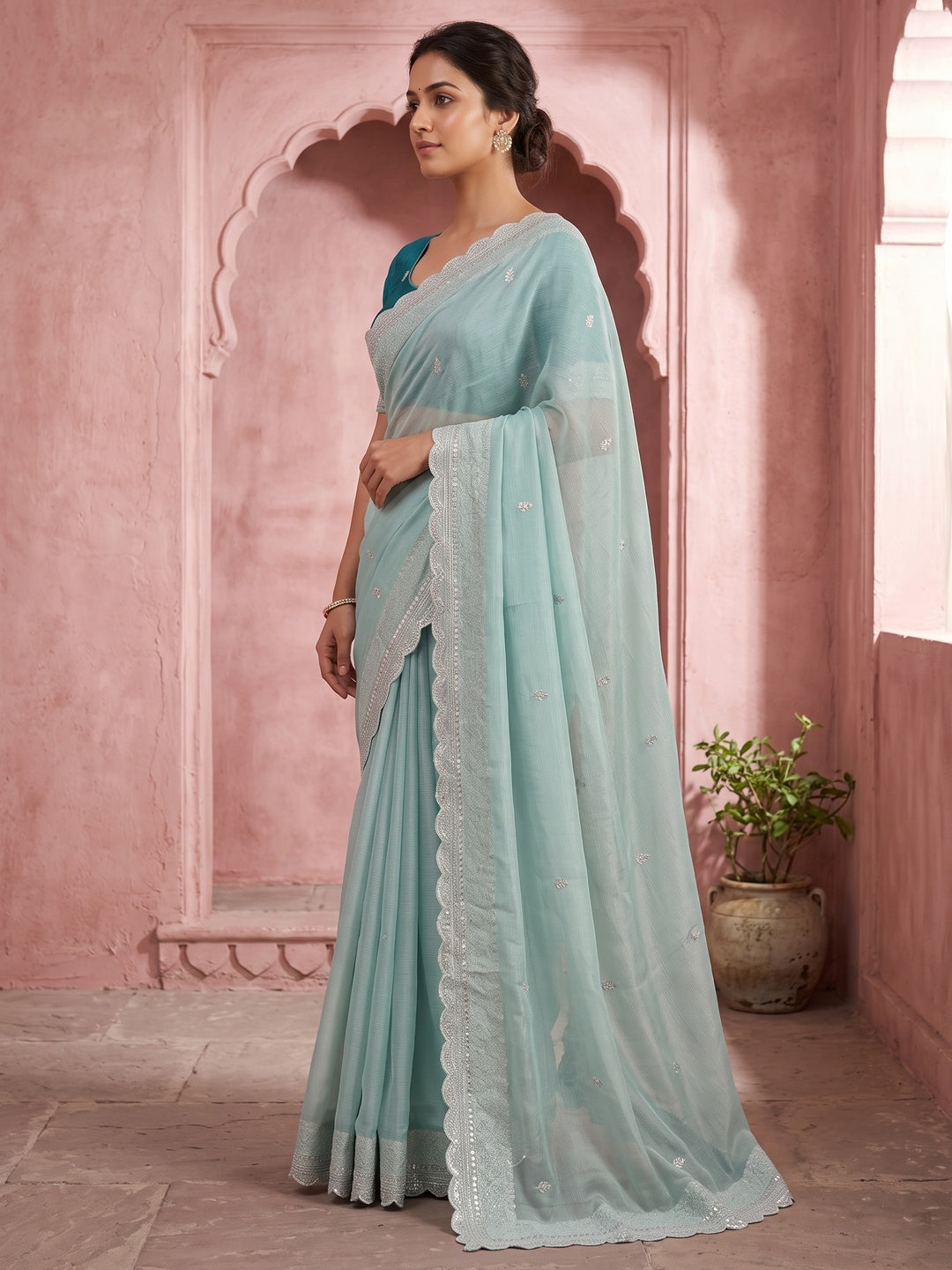 Sea Green Sequins Embroidered Chiffon Saree - Image 5