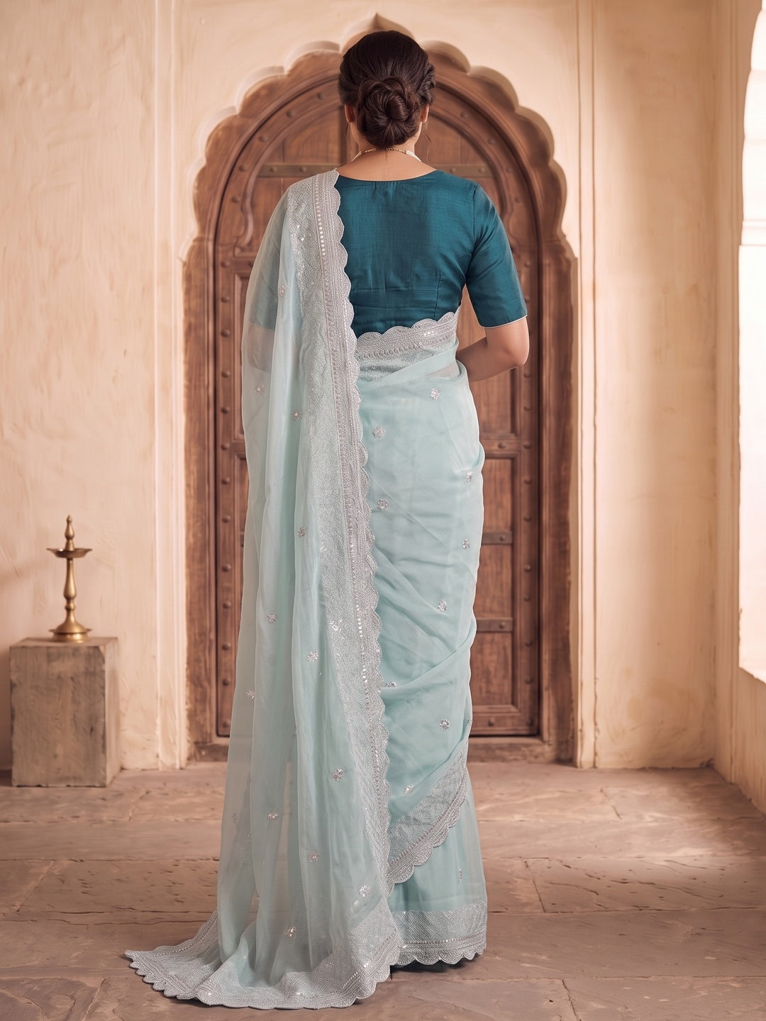 Sea Green Sequins Embroidered Chiffon Saree - Image 6