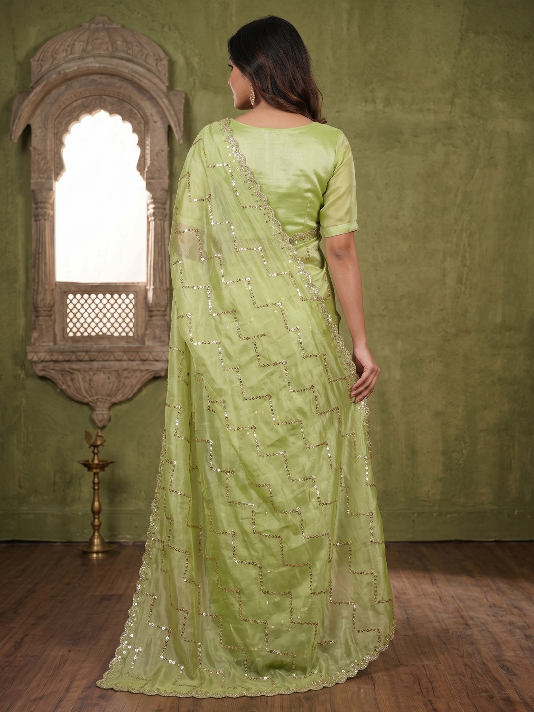Graceful Green Sequins With Detailed Beads & Stone Work Organza Satin Silk Saree - Image 5