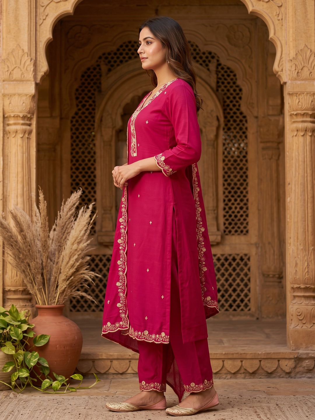 Peachmode Pink Mul Chanderi Dress Material with Floral Embroidery - Image 6