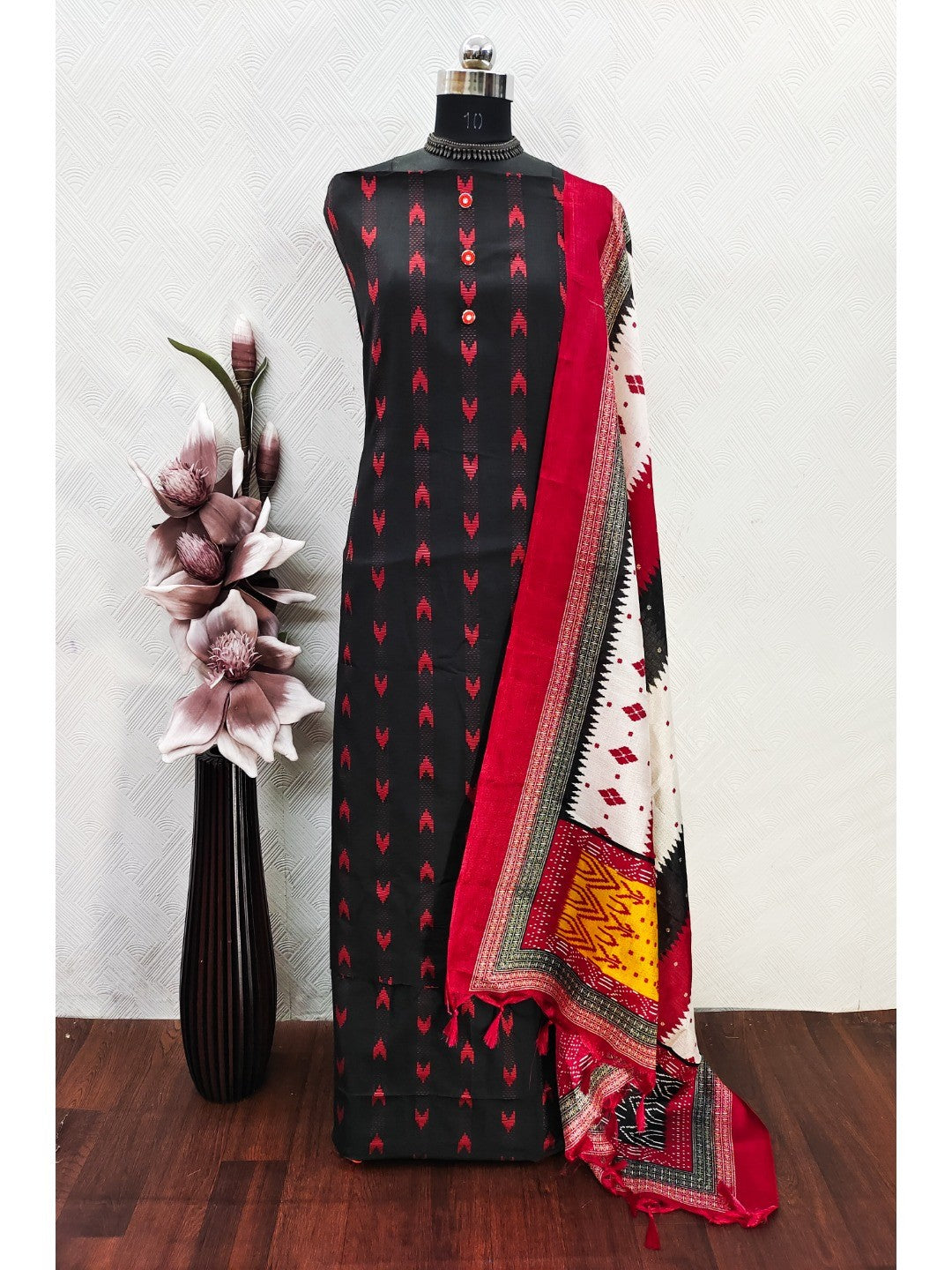Peachmode Black Geometric Printed Pure Cotton Dress Material - Image 4
