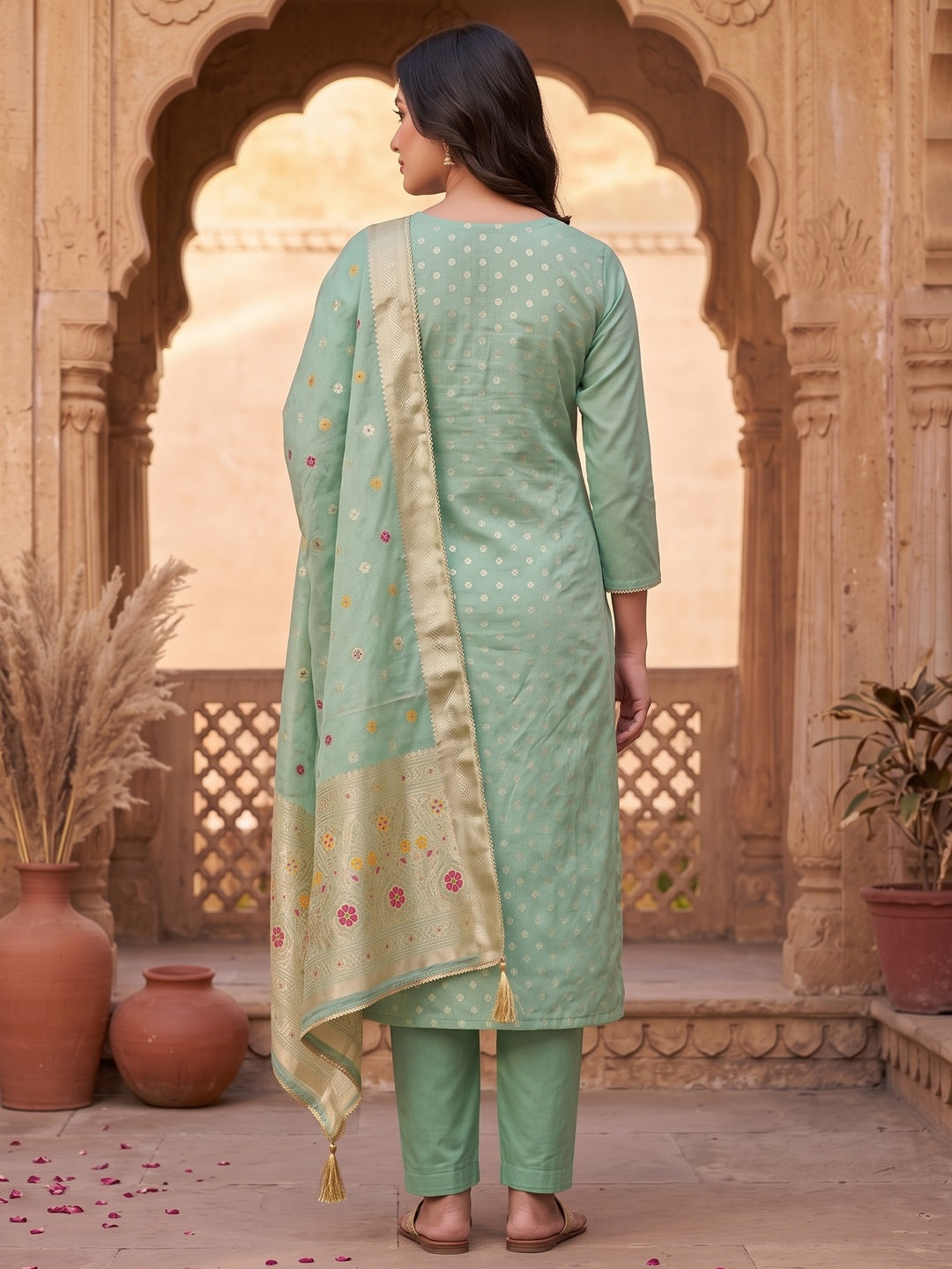 Peachmode Sea Green Jacquard Dress Material with Ethnic Motifs - Image 7