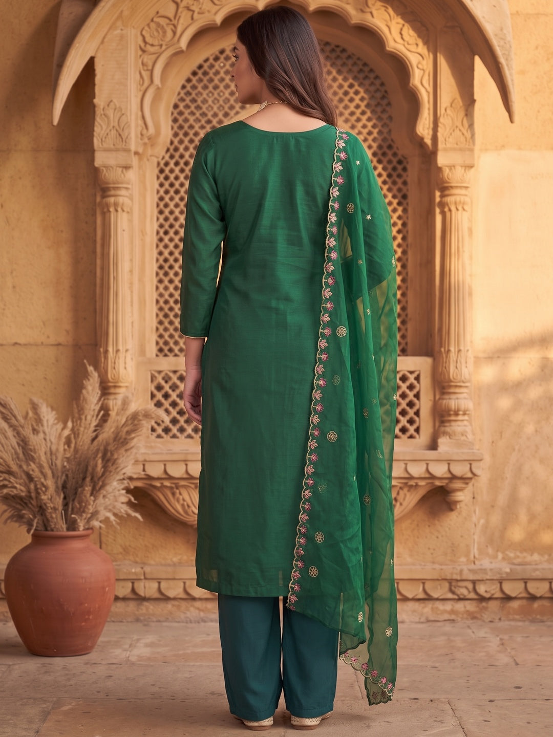 Peachmode Green Art Silk Dress Material with Floral Embroidery - Image 7