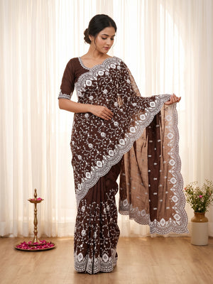 Peachmode Brown Floral Embroidered Mul Chanderi Saree - Image 1