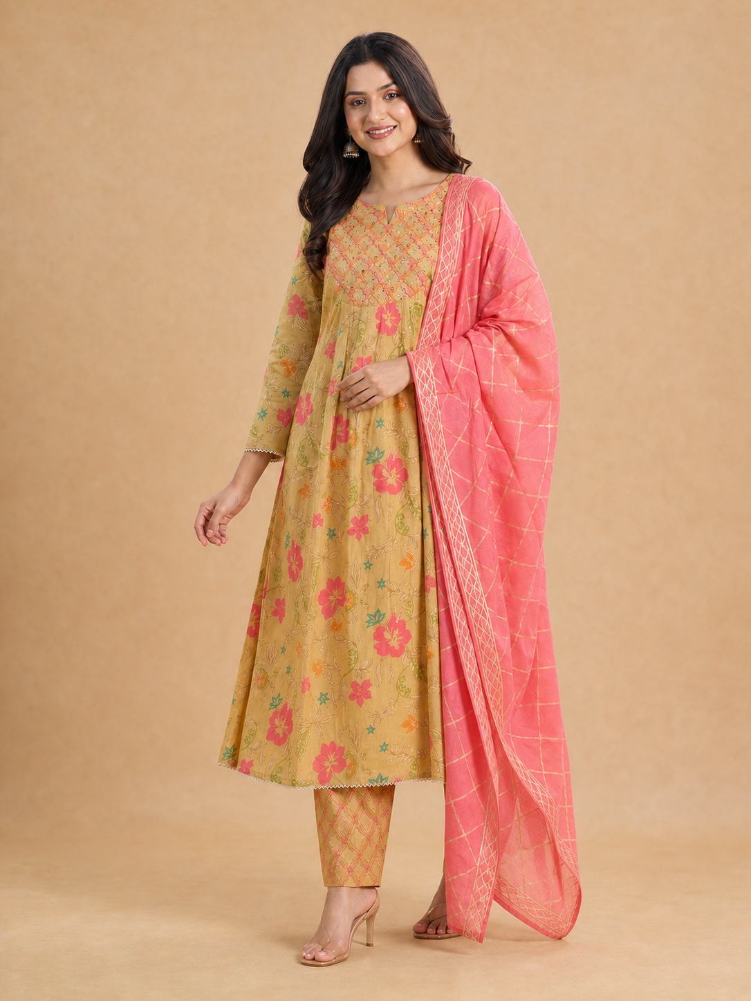 Mustard Floral Printed Mul Cotton Salwar Suit Set - Image 4