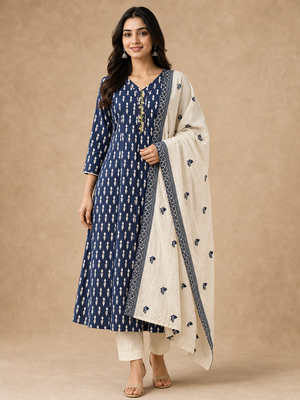 Elegant Navy Blue Ikkat Print Pure Cotton Straight Kurta Set with Dupatta - Image 1