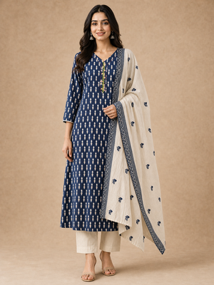 Elegant Navy Blue Ikkat Print Pure Cotton Straight Kurta Set with Dupatta - Image 2