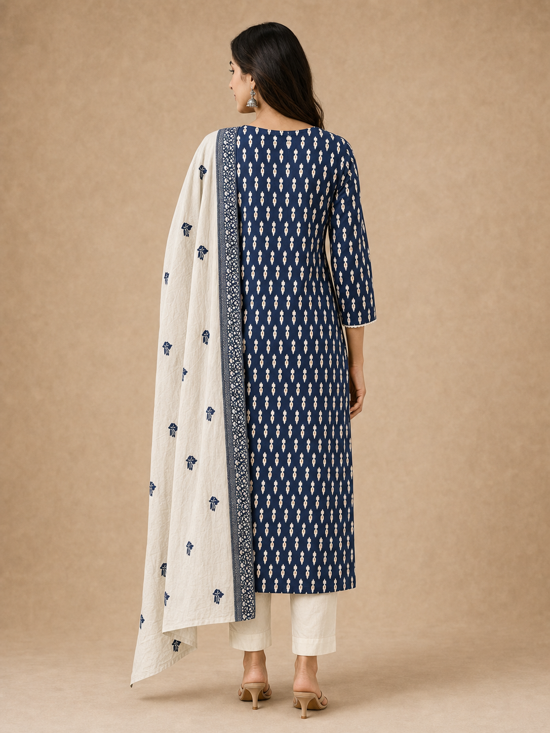 Elegant Navy Blue Ikkat Print Pure Cotton Straight Kurta Set with Dupatta - Image 5