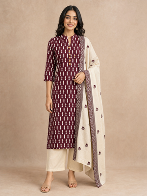 Wine Ikkat Print Pure Cotton Straight Cut Salwar Suit - Image 1