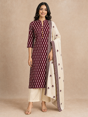 Wine Ikkat Print Pure Cotton Straight Cut Salwar Suit - Image 2
