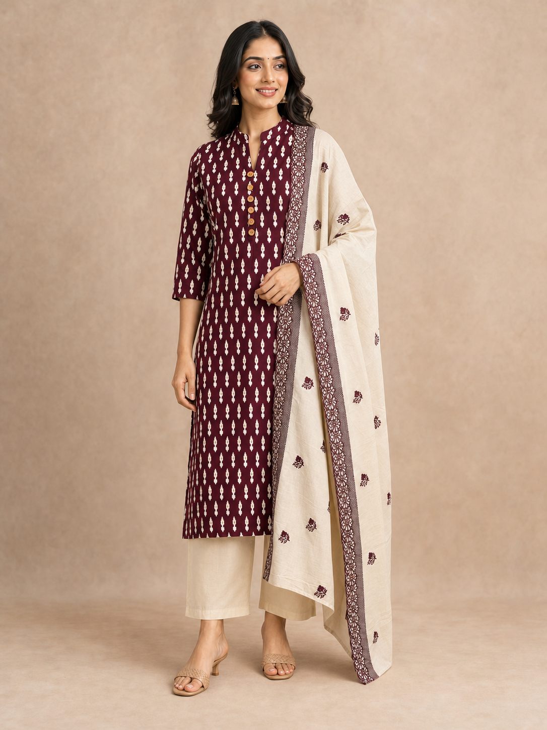 Wine Ikkat Print Pure Cotton Straight Cut Salwar Suit - Image 3