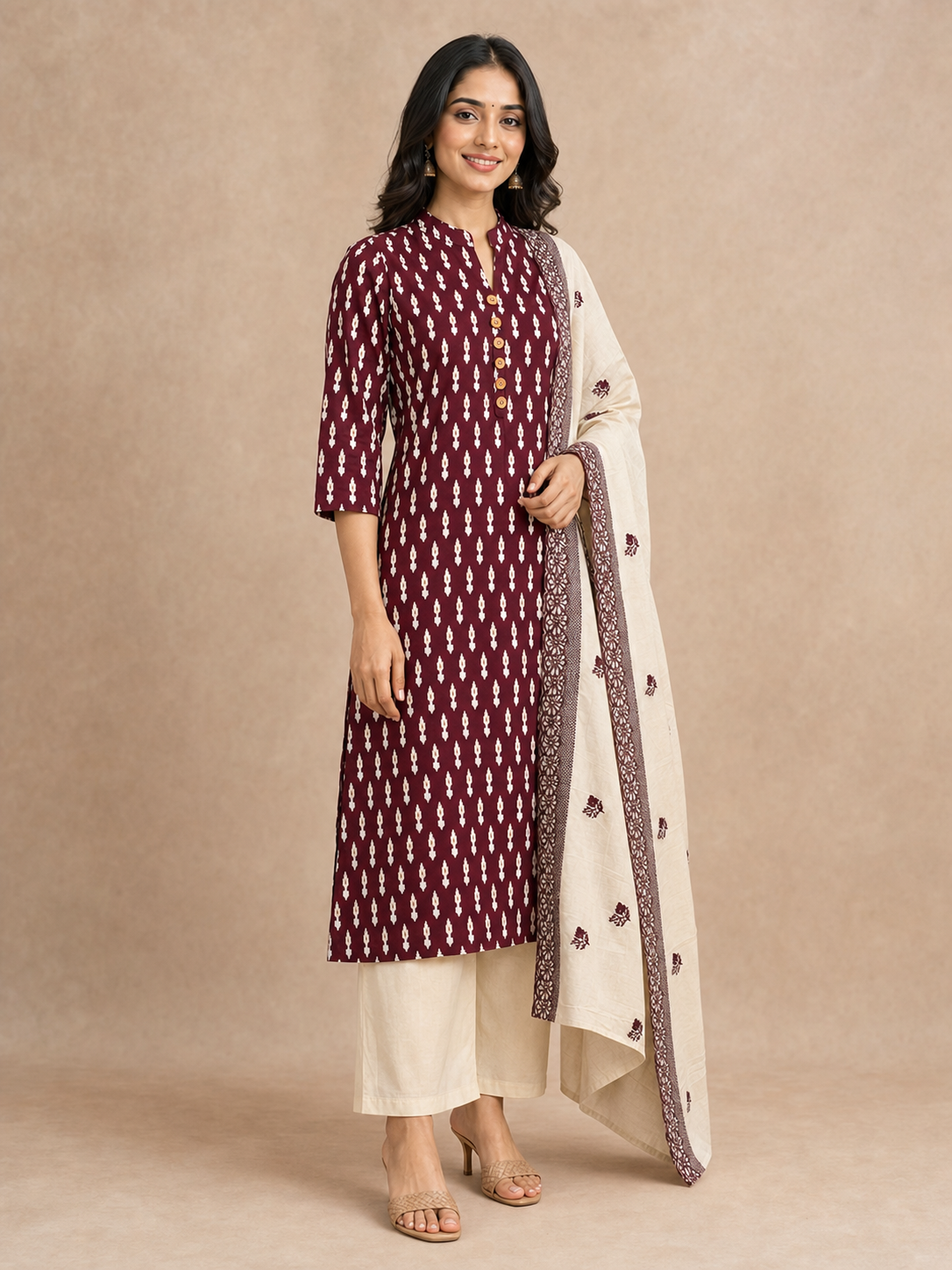 Wine Ikkat Print Pure Cotton Straight Cut Salwar Suit - Image 4