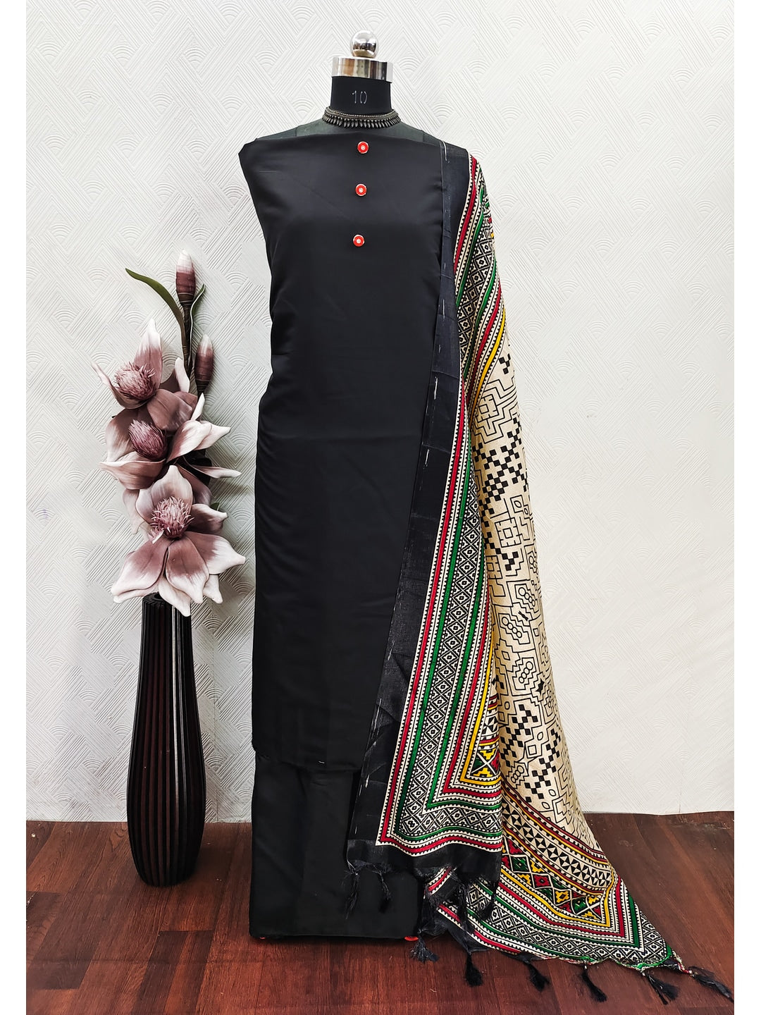 Peachmode Black Chanderi Blend Manipuri Dupatta Dress Material - Image 2