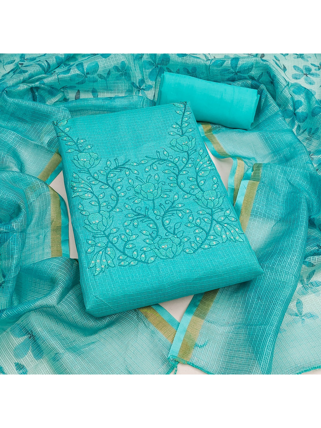Peachmode Rama Green Floral Kota Doria Dress Material - Image 3