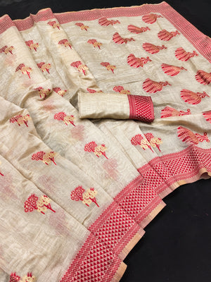 Peachmode Cream Cotton Blend Jamdani Woven Saree - Image 2