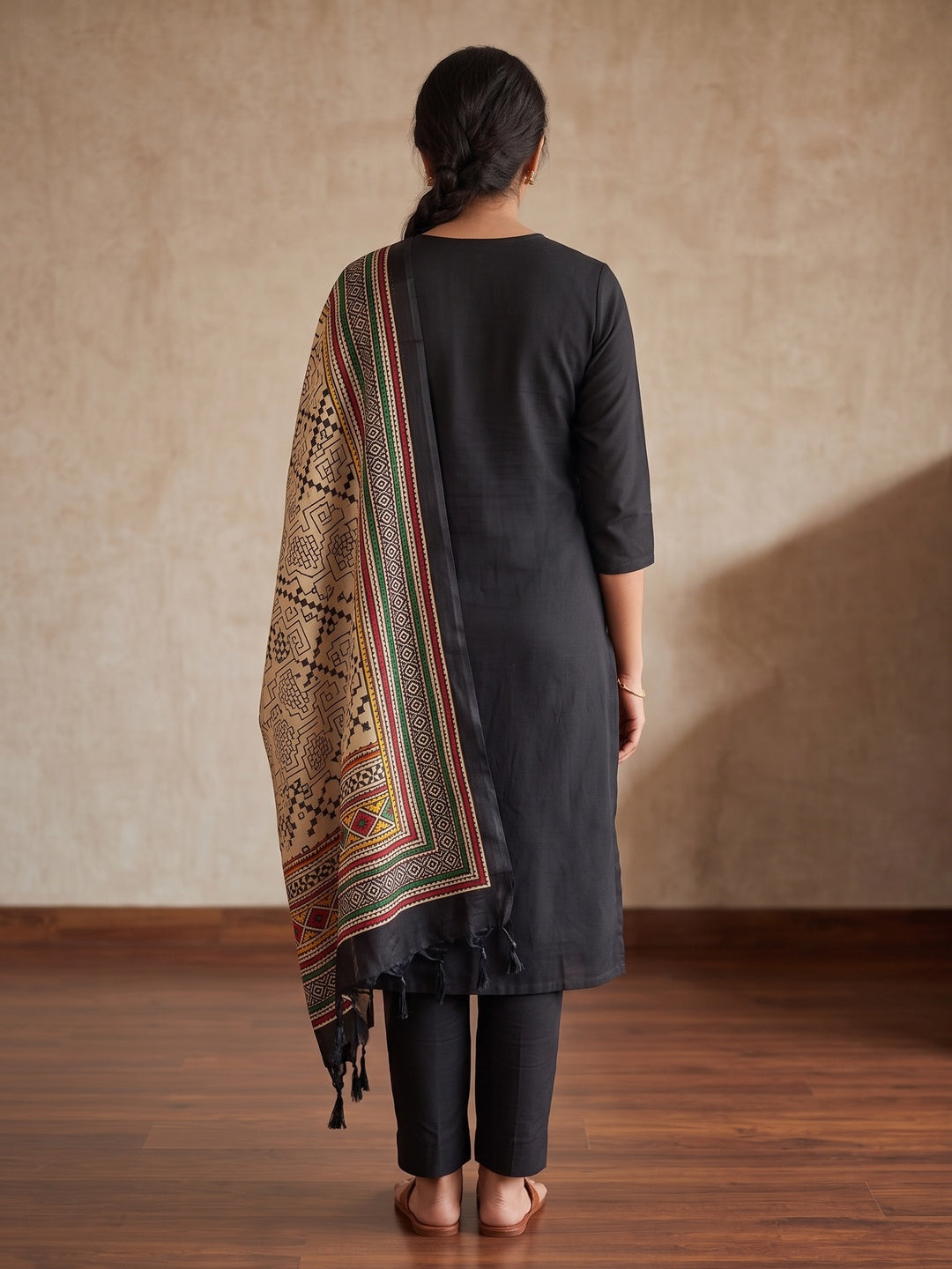 Peachmode Black Chanderi Blend Manipuri Dupatta Dress Material - Image 5
